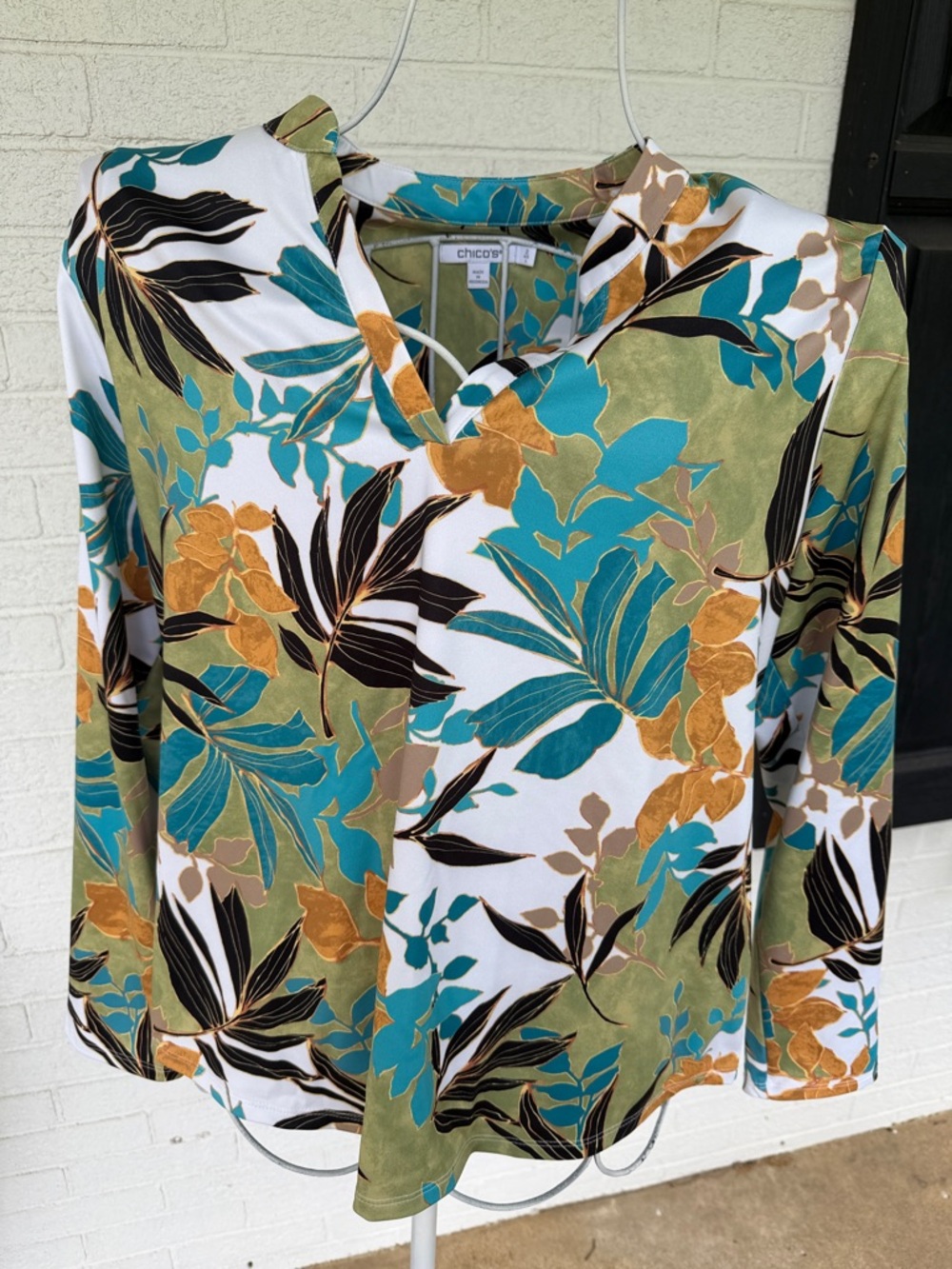 Chico's Green Teal White Floral Long Sleeve Top